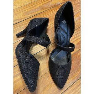 Mysoft Pointed Toe Low Stiletto Heel Black Glitter Dress‎ Pumps Size 6.5 EUC